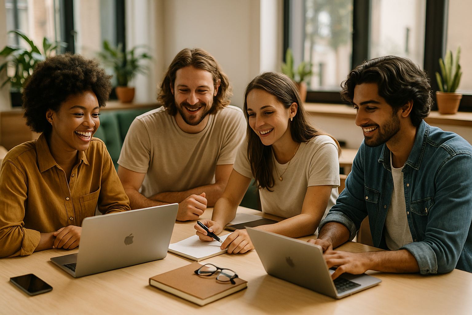 Diverse freelancers collaborating in a stylish, relaxed setting