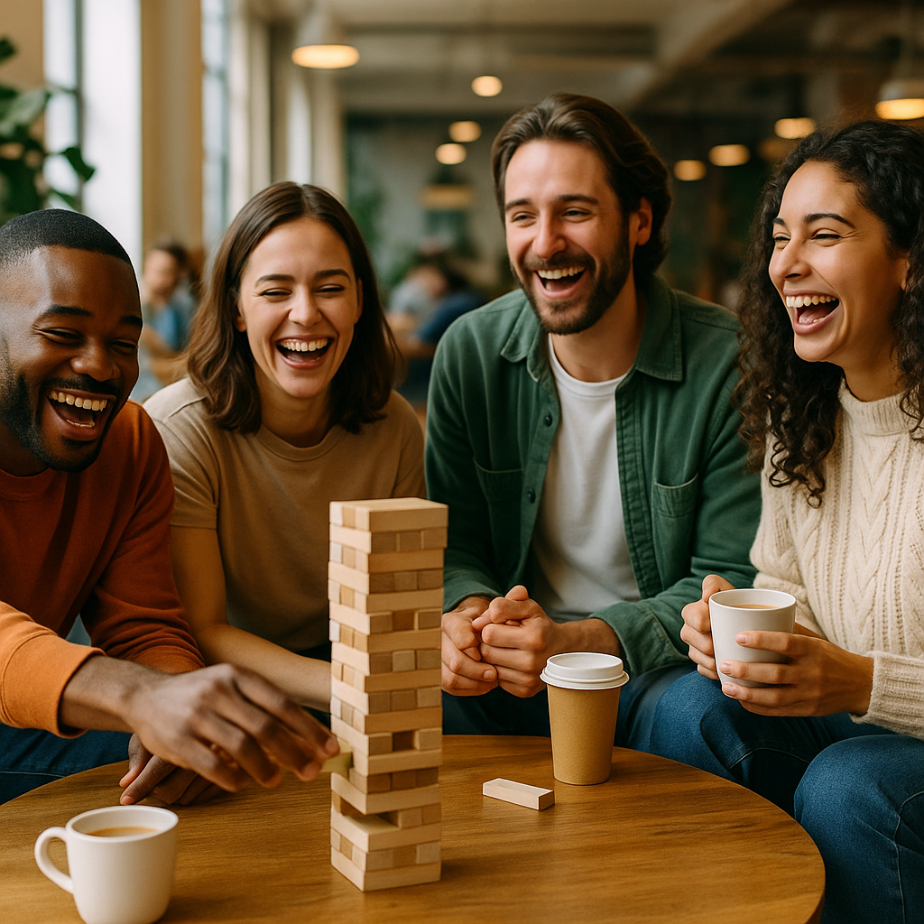 Freelancers enjoying games and coffee in a relaxed coworking environment